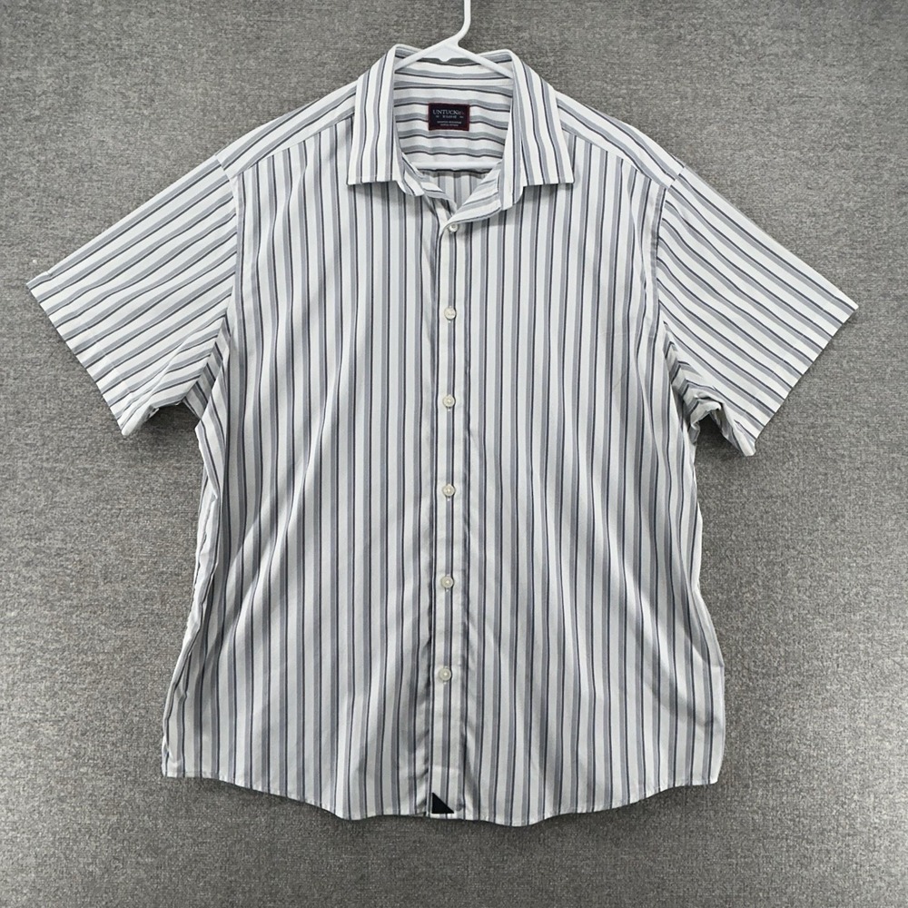 Untuckit Bauman Short Sleeve Shirt Men Size XL Nylon Blend Casual Gray Striped